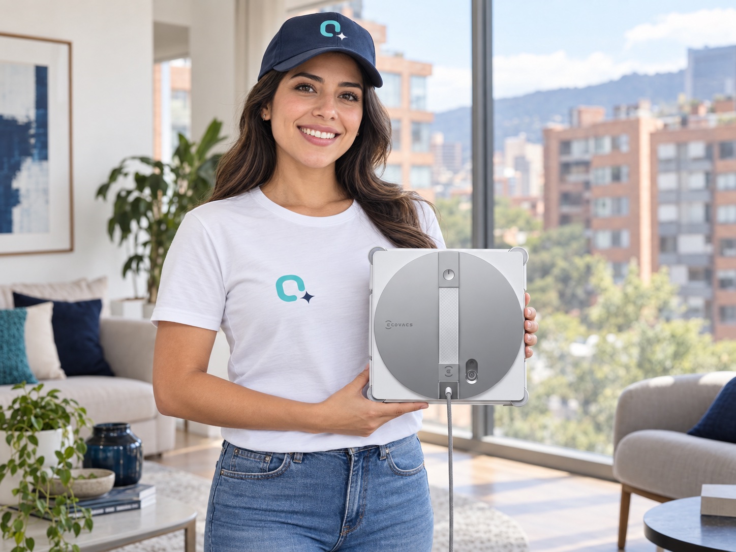 Operaria de Qinli presentando el robot Winbot en un espacio iluminado